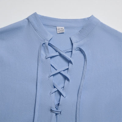 Buddha Stones Spring Fall Casual Tang Style Drawstring Solid Cotton Linen Men's Long Sleeve Shirts - image 17