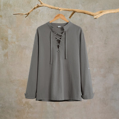 Buddha Stones Spring Fall Casual Tang Style Drawstring Solid Cotton Linen Men's Long Sleeve Shirts - image 7