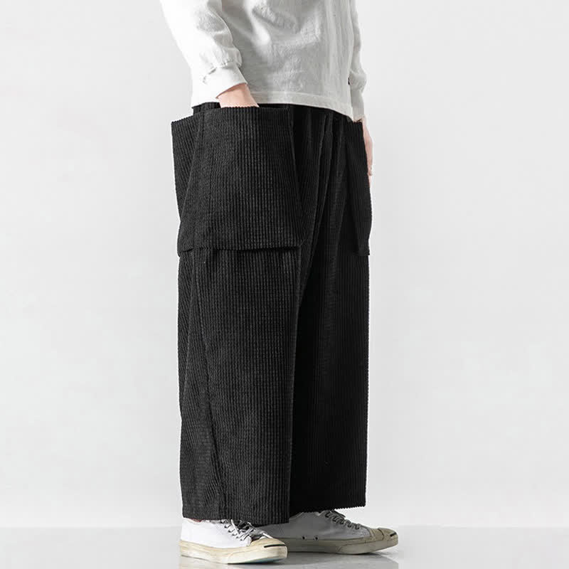 Buddha Stones Fall Winter Vintage Minimalist Drawstring Solid Ankle Pants Corduroy Men's Wide Leg Pants With Pockets - image 3