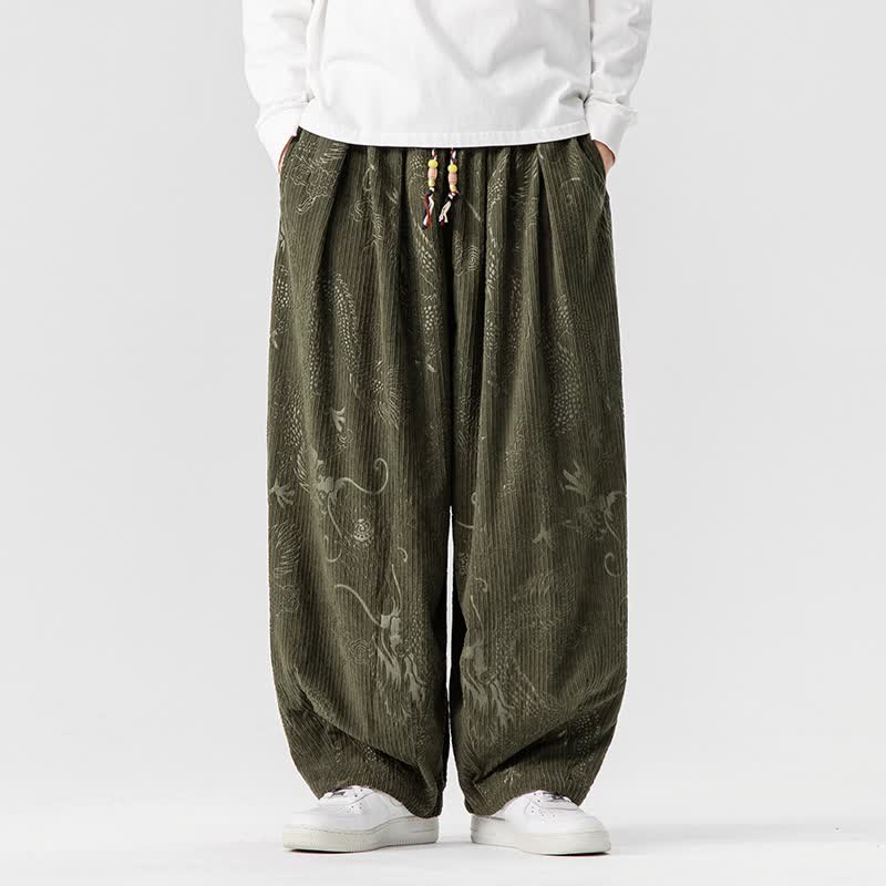 Buddha Stones Fall Winter Vintage Casual Drawstring Dragon Long Pants Men's Harem Pants With Pockets - image 2
