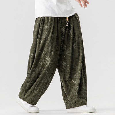 Buddha Stones Fall Winter Vintage Casual Drawstring Dragon Long Pants Men's Harem Pants With Pockets - image 1