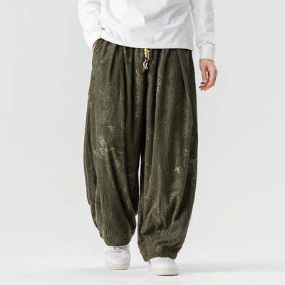 Buddha Stones Fall Winter Vintage Casual Drawstring Dragon Long Pants Men's Harem Pants With Pockets - DarkOliveGreen - US/UK/AU46，EU56 (5XL) - image 0