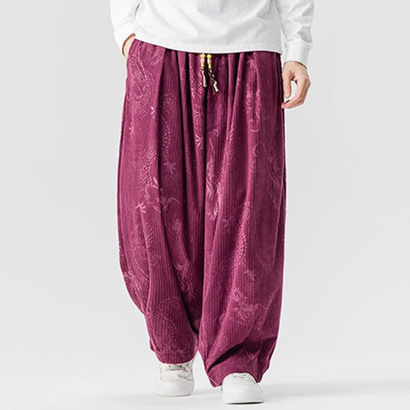 Buddha Stones Fall Winter Vintage Casual Drawstring Dragon Long Pants Men's Harem Pants With Pockets - image 7
