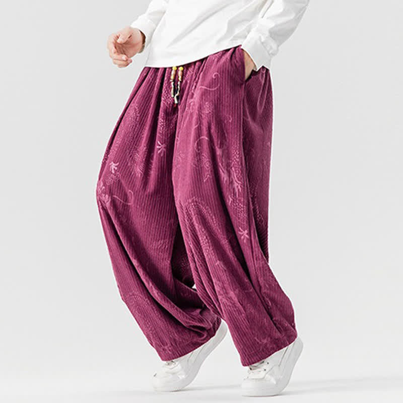 Buddha Stones Fall Winter Vintage Casual Drawstring Dragon Long Pants Men's Harem Pants With Pockets - image 9