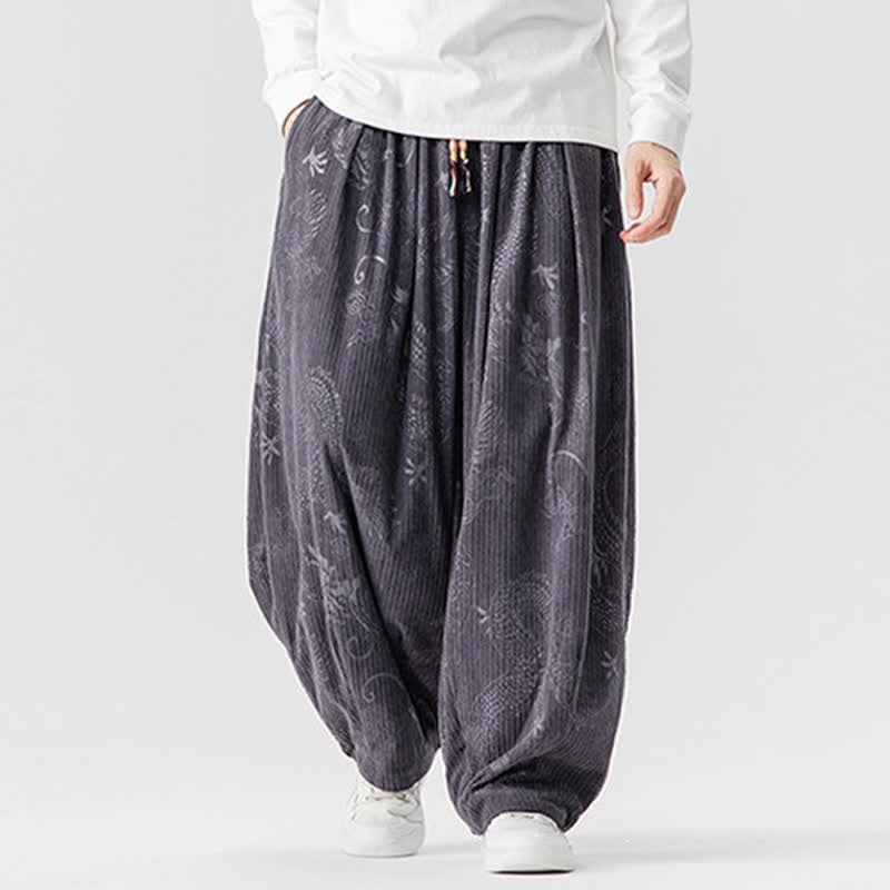 Buddha Stones Fall Winter Vintage Casual Drawstring Dragon Long Pants Men's Harem Pants With Pockets - image 26