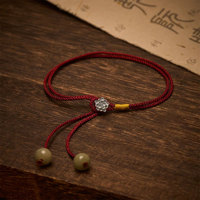 Buddha Stones 925 Sterling Silver Lotus Purity Vintage Braided Red String Bracelet - Lotus (Wrist Circumference: 5.5–7.1 in/14–18 cm) - image 0