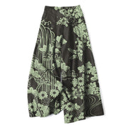 Foviel Cotton Linen Vintage Bloom Pattern Women's Elastic Waist Wide Leg Pants With Pockets