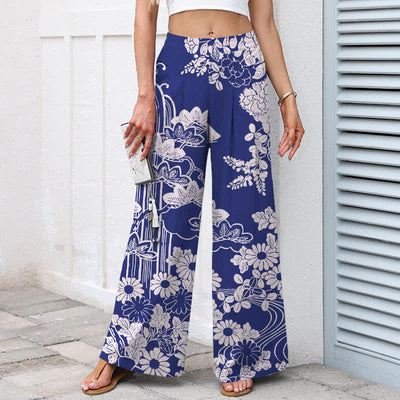 Buddha Stones Cotton Linen Vintage Bloom Pattern Women's Elastic Waist Wide Leg Pants With Pockets - image 5