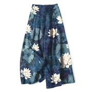 Foviel Baumwolle Leinen Lotus Blatt Floral Muster Damen elastische Taille weites Bein Hose mit Taschen