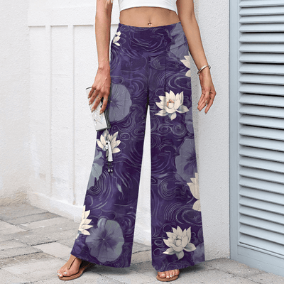 Buddha Stones Cotton Linen Lotus Leaf Floral Pattern Women's Elastic Waist Wide Leg Pants With Pockets - image 7