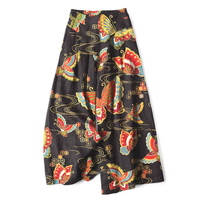 Buddha Stones Cotton Linen Colorful Butterfly Pattern Women's Elastic Waist Wide Leg Pants With Pockets - Black - US16，UK/AU20，EU48 (3XL) - image 0