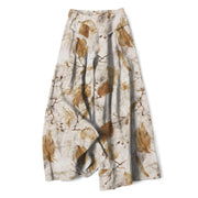 Foviel Baumwolle Leinen Botanische Blattmuster Damen elastische Taille weites Bein Hose mit Taschen