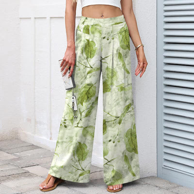 Buddha Stones Cotton Linen Botanical Leaf Pattern Women's Elastic Waist Wide Leg Pants With Pockets - image 5