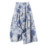 Foviel Baumwolle Leinen Botanische Blattmuster Damen elastische Taille weites Bein Hose mit Taschen