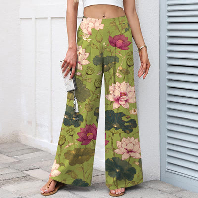 Buddha Stones Cotton Linen Tropical Lotus Bloom Pattern Women's Elastic Waist Wide Leg Pants With Pockets - image 5