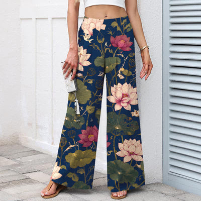 Buddha Stones Cotton Linen Tropical Lotus Bloom Pattern Women's Elastic Waist Wide Leg Pants With Pockets - image 7
