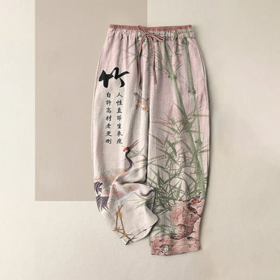 Buddha Stones Pure Cotton Artistic Bamboo Crane Pattern Women's Elastic Waist Pants With Pockets - LavenderBlush - US16，UK/AU20，EU48 (3XL) - image 4
