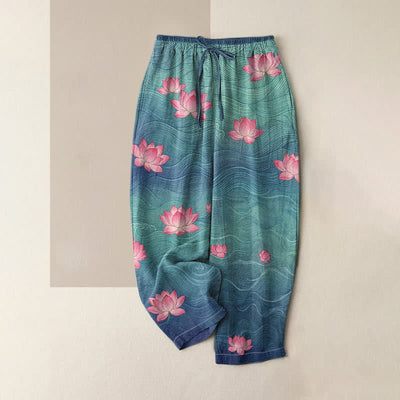 Buddha Stones Pure Cotton Dreamy Gradient Lotus Pattern Women's Elastic Waist Pants With Pockets - SteelBlue - US16，UK/AU20，EU48 (3XL) - image 0