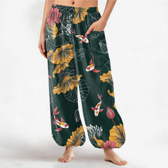 Buddha Stones Cotton Vintage Lotus Koi Floral Pattern Women's Elastic Waist Harem Pants With Side Pockets - DarkGreen - US16，UK/AU20，EU48 (3XL) - image 0