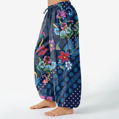 Buddha Stones Cotton Ethnic Bloom Geometric Pattern Women's Elastic Waist Harem Pants With Side Pockets - image 1