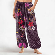 Foviel Cotton Ethnic Bloom Geometric Pattern Women's Elastic Waist Harem Pants With Side Pockets