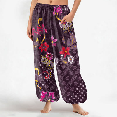 Buddha Stones Cotton Ethnic Bloom Geometric Pattern Women's Elastic Waist Harem Pants With Side Pockets - Purple - US16，UK/AU20，EU48 (3XL) - image 10