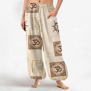 Foviel Baumwolle Vintage Om Sun Muster Damen elastische Taille Harem Hose mit seitlichen Taschen