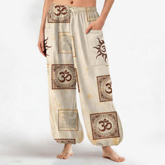 Buddha Stones Cotton Vintage Om Sun Pattern Women's Elastic Waist Harem Pants With Side Pockets - Beige - US16，UK/AU20，EU48 (3XL) - image 0