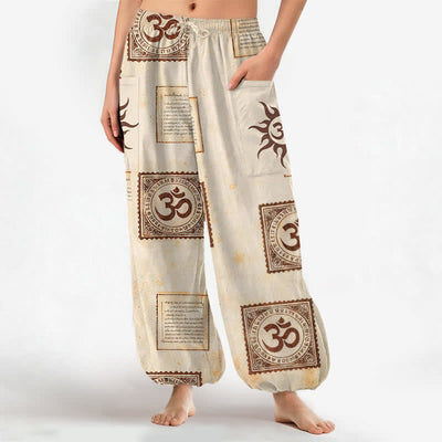 Buddha Stones Cotton Vintage Om Sun Pattern Women's Elastic Waist Harem Pants With Side Pockets - Beige - US16，UK/AU20，EU48 (3XL) - image 0