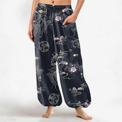 Buddha Stones Cotton Koi Fish Bamboo Cloud Pattern Women's Elastic Waist Harem Pants With Side Pockets - Black - US16，UK/AU20，EU48 (3XL) - image 0