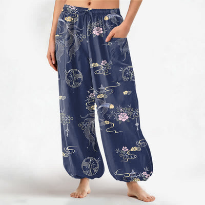 Buddha Stones Cotton Koi Fish Bamboo Cloud Pattern Women's Elastic Waist Harem Pants With Side Pockets - Navy - US16，UK/AU20，EU48 (3XL) - image 7