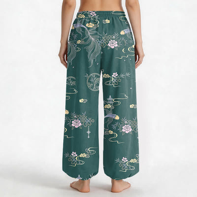 Buddha Stones Cotton Koi Fish Bamboo Cloud Pattern Women's Elastic Waist Harem Pants With Side Pockets - image 12