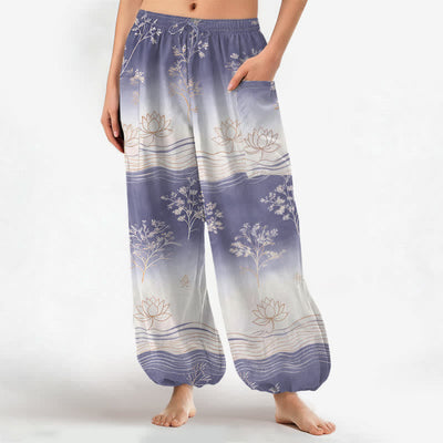 Buddha Stones Cotton Lotus Wave Pattern Women's Elastic Waist Harem Pants With Side Pockets - MediumPurple - US16，UK/AU20，EU48 (3XL) - image 7