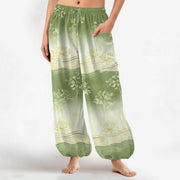 Foviel Cotton Lotus Wave Pattern Women's Elastic Waist Harem Pants With Side Pockets