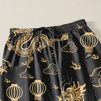 Buddha Stones Cotton Golden Dragon Lantern Pattern Women's Elastic Waist Harem Pants With Side Pockets - image 5