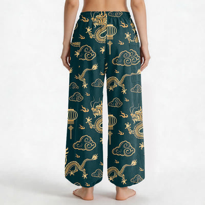 Buddha Stones Cotton Golden Dragon Lantern Pattern Women's Elastic Waist Harem Pants With Side Pockets - image 9