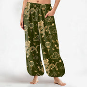 Foviel Baumwolle Golden Drache Laterne Muster Damen elastische Taille Harem Hose mit seitlichen Taschen