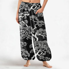 Buddha Stones Cotton Oriental Foliage Pattern Women's Elastic Waist Harem Pants With Side Pockets - Black - US16，UK/AU20，EU48 (3XL) - image 0