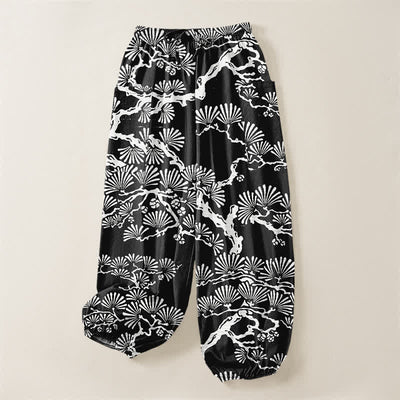 Buddha Stones Cotton Oriental Foliage Pattern Women's Elastic Waist Harem Pants With Side Pockets - image 3