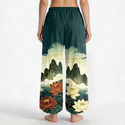 Buddha Stones Cotton Oriental Landscape Lotus Crane Pattern Women's Elastic Waist Harem Pants With Side Pockets - image 9