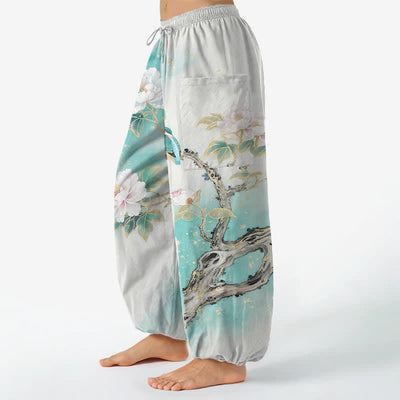 Buddha Stones Cotton Peony Bird Garden Pattern Women's Elastic Waist Harem Pants With Side Pockets - image 1