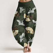 Foviel Baumwolle Orientalische Kranich Fan Muster Damen elastische Taille Harem Hose