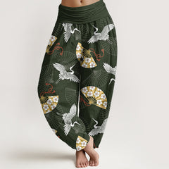 Buddha Stones Cotton Oriental Crane Fan Pattern Women's Elastic Waist Harem Pants - DarkGreen - US16，UK/AU20，EU48 (3XL) - image 0