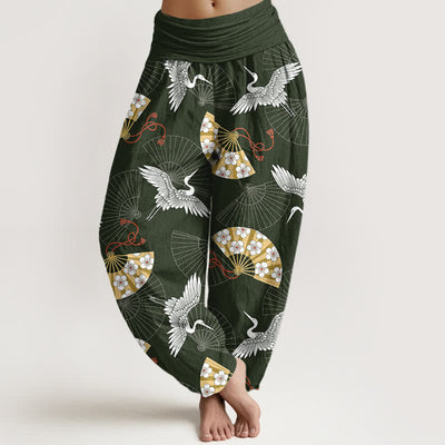 Buddha Stones Cotton Oriental Crane Fan Pattern Women's Elastic Waist Harem Pants - DarkGreen - US16，UK/AU20，EU48 (3XL) - image 0