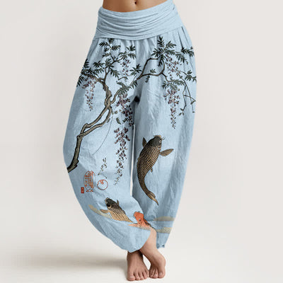 Buddha Stones Cotton Koi Wisteria Pattern Women's Elastic Waist Harem Pants - LightSkyBlue - US16，UK/AU20，EU48 (3XL) - image 5
