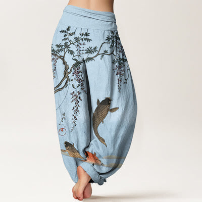 Buddha Stones Cotton Koi Wisteria Pattern Women's Elastic Waist Harem Pants - image 7