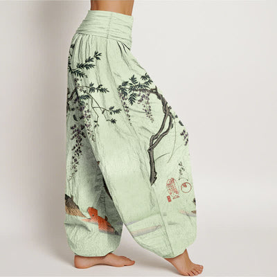 Buddha Stones Cotton Koi Wisteria Pattern Women's Elastic Waist Harem Pants - image 9