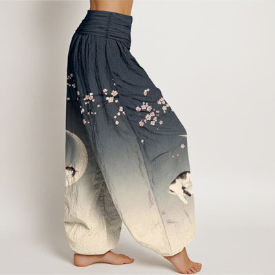 Buddha Stones Cotton Sakura Moon Cat Pattern Women's Elastic Waist Harem Pants - image 9