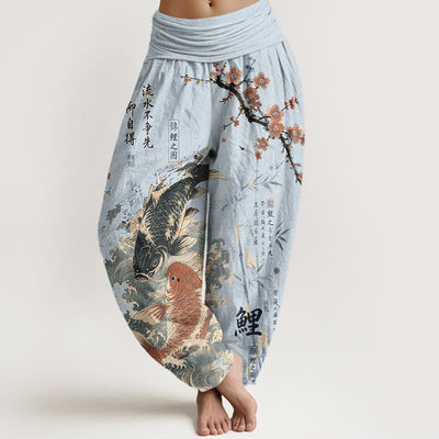 Buddha Stones Cotton Koi Fish Calligraphy Pattern Women's Elastic Waist Harem Pants - LightSkyBlue - US16，UK/AU20，EU48 (3XL) - image 5