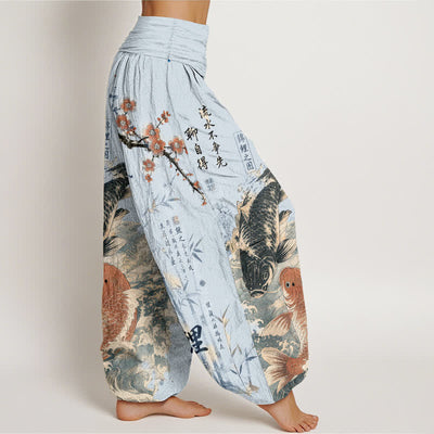 Buddha Stones Cotton Koi Fish Calligraphy Pattern Women's Elastic Waist Harem Pants - image 6